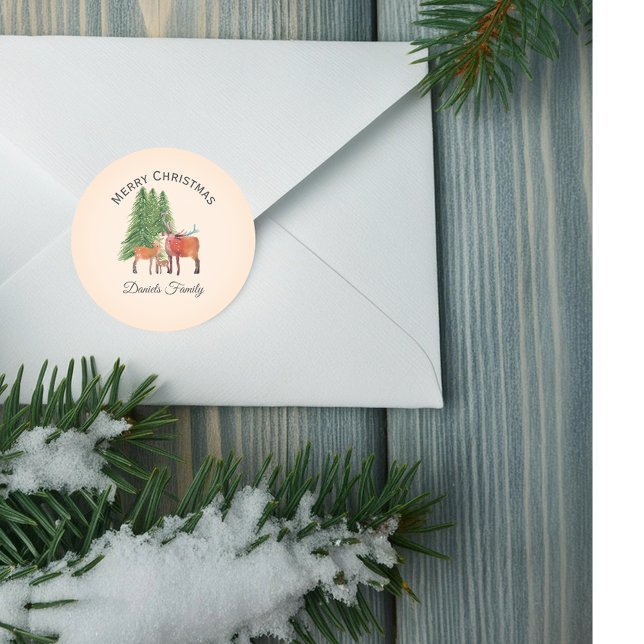Pegatina Redonda Familia de venados de Navidades personalizados (Subido por el creador)