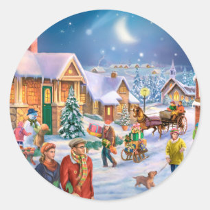 Pegatina Redonda Familia en pueblo nevoso del navidad