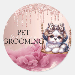 Pegatina Redonda Familia Feliz de Mascotas Cuidados y Grooming Mono