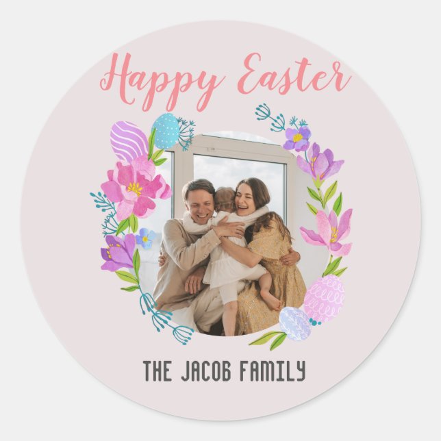 Pegatina Redonda Familia Feliz Pascua, familia de conejitos de Pasc (Anverso)