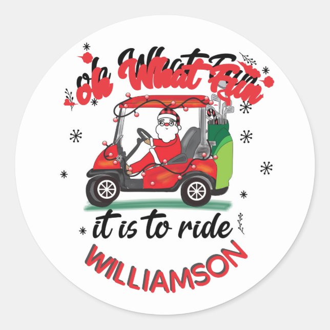 Pegatina Redonda Familia Fun Santa Golf Cart Name (Anverso)