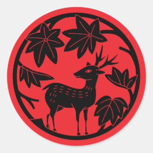 Pegatina Redonda Familia japonesa Crest-Arce y venado japonés