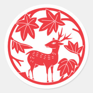 Pegatina Redonda Familia japonesa Crest-Arce y venado japonés
