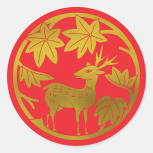 Pegatina Redonda Familia japonesa Crest-Arce y venado japonés