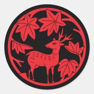 Pegatina Redonda Familia japonesa Crest-Arce y venado japonés