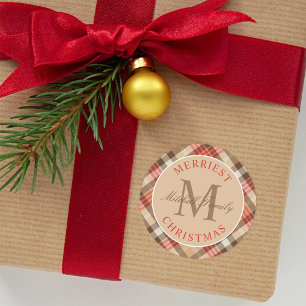 Pegatina Redonda Familia Monograma Cuadros Marrón Navidad Más Alegr