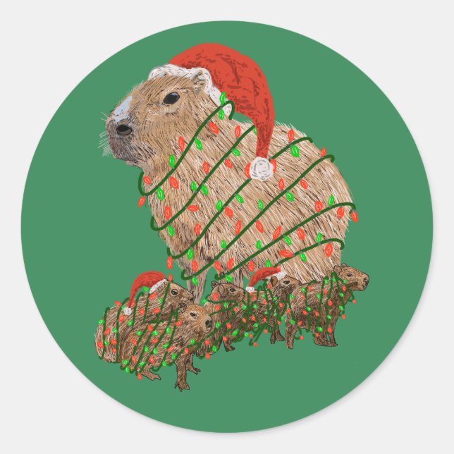 Pegatina Redonda Familia navidad Capybara envuelta en luces (Anverso)