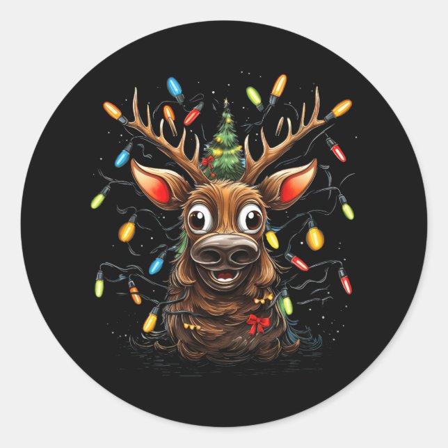 Pegatina Redonda Familia navideña Feliz Árbol de Navidad enciende a (Anverso)