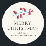 Pegatina Redonda Familia Personalizada Holly Cherry Merry Christmas<br><div class="desc">Holly Cherry Merry Navidad Pegatinas redondos clásicos de nombre familiar personalizado.</div>