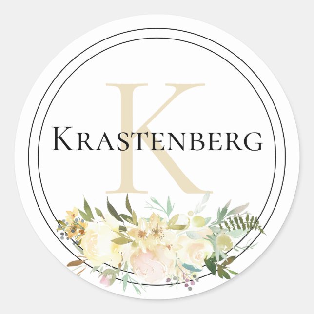 Pegatina Redonda Familia personalizado Monograma Nombre Crema Blanc (Anverso)