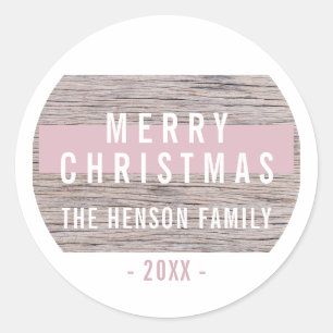 Pegatina Redonda Familia Rusch Wood Pink Merry Christmas