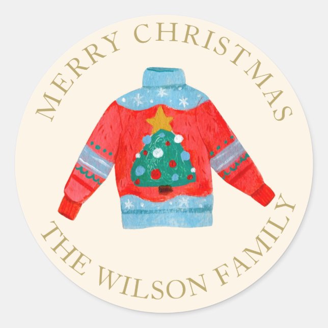 Pegatina Redonda Familia suéter adorable Feliz Navidad (Anverso)
