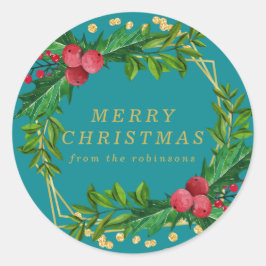 Pegatina Redonda Familia Verde azulada de oro Feliz Navidad Purpuri