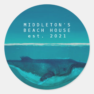 Pegatina Redonda Familia Whale Blue Ocean Scene