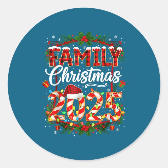 Pegatina Redonda Family Christmas 2025 Xmas Lights Santa Pajamas Ho (Anverso)