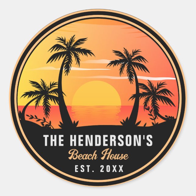 Pegatina Redonda Family Name Beach House Retro Sunset Souvenirs 60 (Anverso)