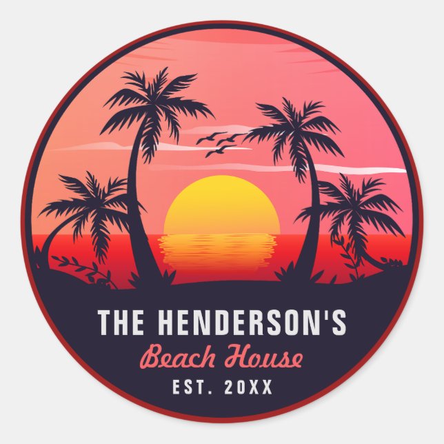 Pegatina Redonda Family Name Beach House Retro Sunset Souvenirs 60 (Anverso)
