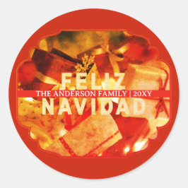 Pegatina Redonda Family Name Red Gold Feliz Navidad Christmas