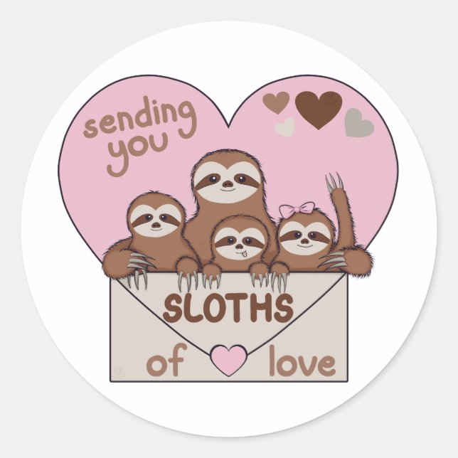 Pegatina Redonda Family of Sloths with Envelope, Heart and Text (Anverso)
