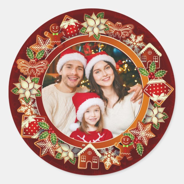 Pegatina Redonda Family Photo, Gingerbread & Poinsettia Holiday (Anverso)