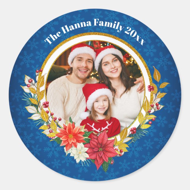 Pegatina Redonda Family Photo & Poinsettia Merry Christmas Gift (Anverso)