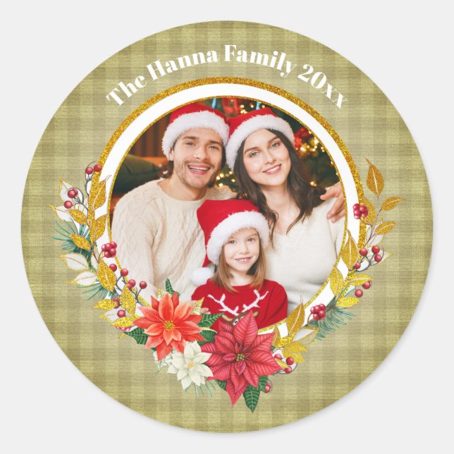Pegatina Redonda Family Photo & Poinsettia Merry Christmas Gift (Anverso)