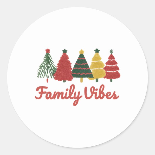 Pegatina Redonda Family Vibes – Cozy Christmas Tree Design (Anverso)
