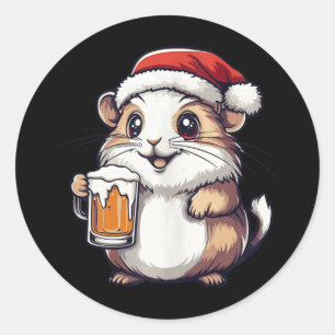 Pegatina Redonda Famoso Navidad Hámster Con Cómic De Cervezas