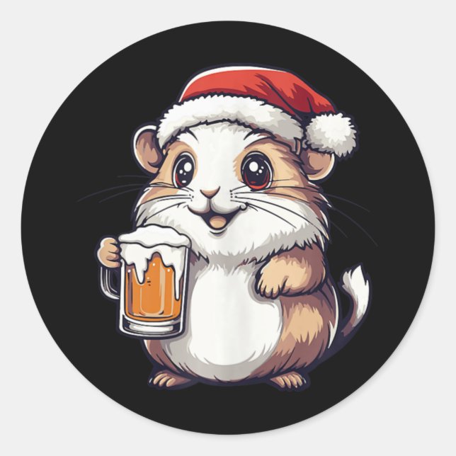 Pegatina Redonda Famoso Navidad Hámster Con Cómic De Cervezas (Anverso)