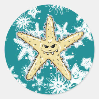 Pegatina Redonda Famoso Starfish amarillo puntiagudo con una sonris