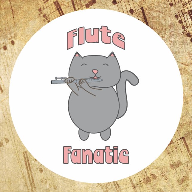 Pegatina Redonda Fanático de la Flauta Gato Gris Rosa (A sticker featuring a gray cat playing the flute & the words flute fanatic in pink.)