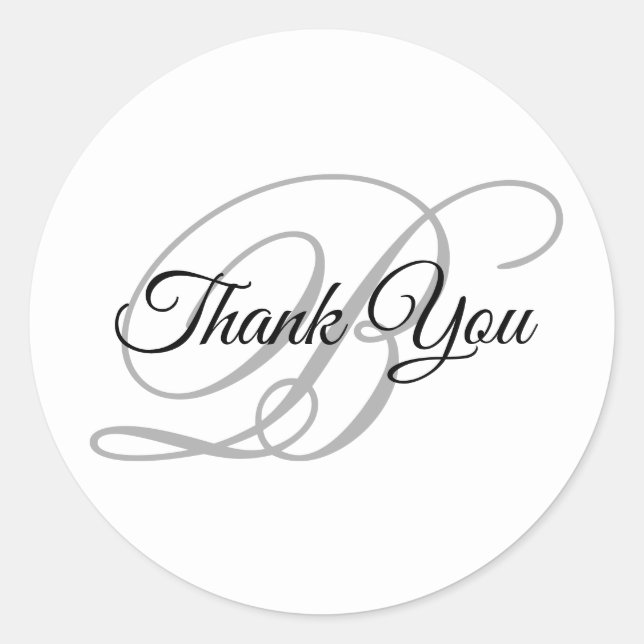 Pegatina Redonda Fancy Calligraphy Script Gray Monograma Gracias (Anverso)
