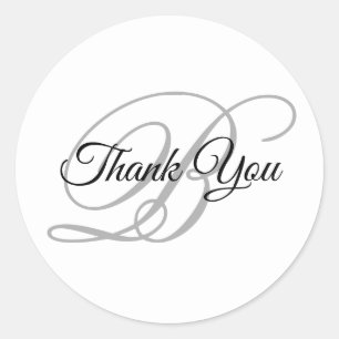 Pegatina Redonda Fancy Calligraphy Script Monograma Gris Gracias