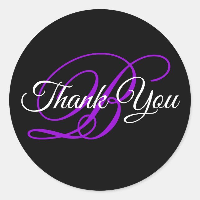 Pegatina Redonda Fancy Calligraphy Violet Monograma Gracias (Anverso)
