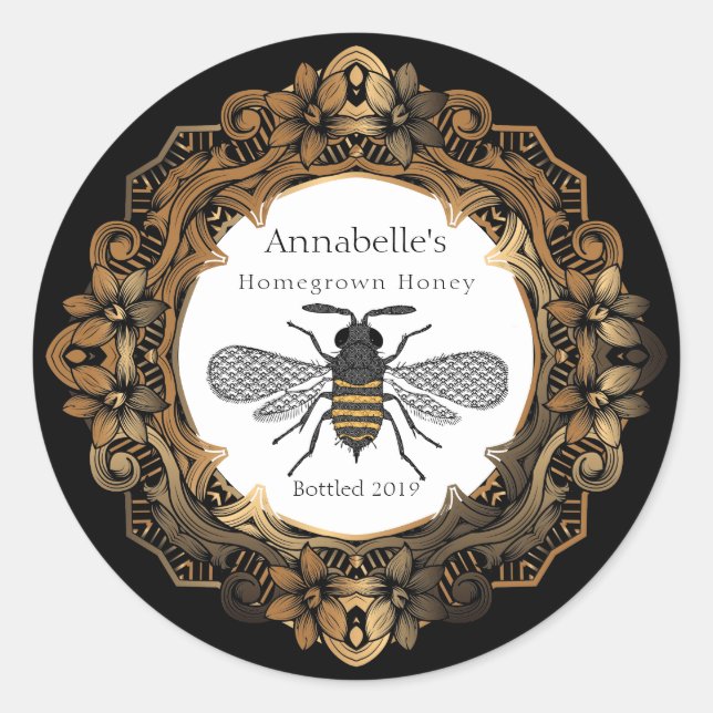 Pegatina Redonda Fancy Gold Frame Honey Label (Anverso)