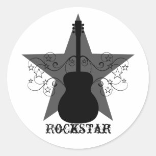 Pegatina Redonda Fancy Guitar Star Swirls Pegatinas, negro