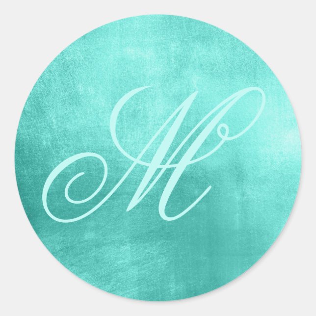 Pegatina Redonda Fancy Monogram Shiny Faux Turquoise Relieve metali (Anverso)