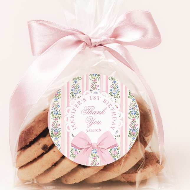 Pegatina Redonda Fancy One Blush pink Bow birthday Thank you (Subido por el creador)