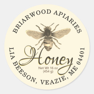 Pegatina Redonda Fancy Script Editable Ivory Honey Label con Abeja