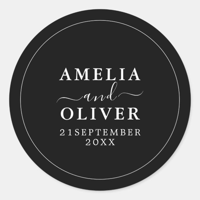 Pegatina Redonda Fancy Timeless Modern Minimalist Black Wedding (Anverso)