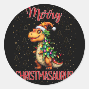 Pegatina Redonda Fanny Feliz Navidad Christmasaurus Dinosaur Árbol 