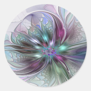 Pegatina Redonda Fantasía abstracta moderna fractal floral colorida