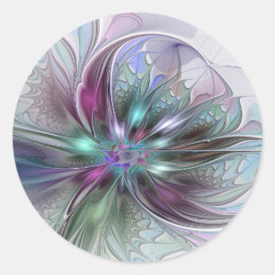 Pegatina Redonda Fantasía abstracta moderna fractal floral colorida