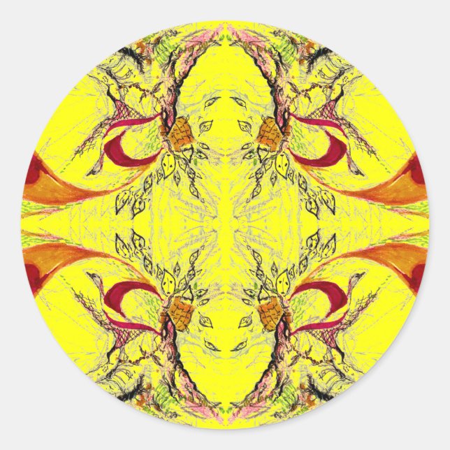 Pegatina Redonda Fantasía de árboles y aves (Anverso)