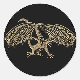 Pegatina Redonda Fantasía de Dragon Grabado en relieve de oro
