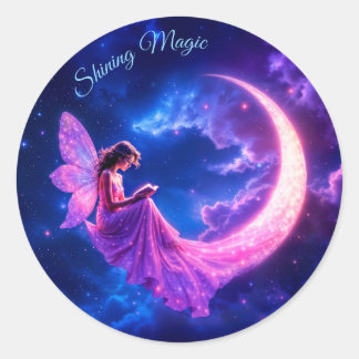 Pegatina Redonda Fantasía de hadas rosadas purpurina luna de neón