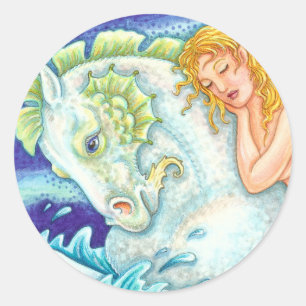 PEGATINA REDONDA FANTASÍA DE SAILOR MERMAID RIDING MERHORSE