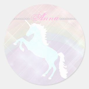 Pegatina Redonda fantasía de unicornio rosa y púrpura