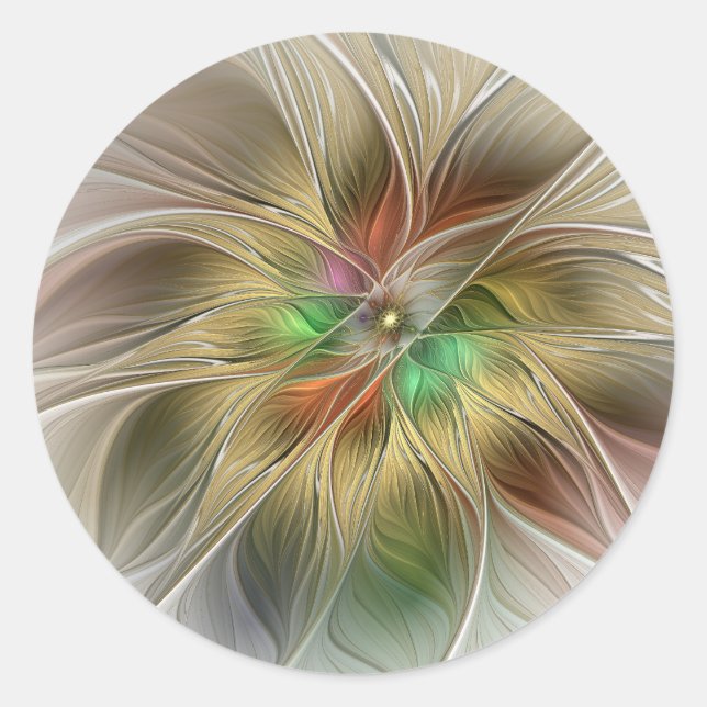 Pegatina Redonda Fantasía Floral Con Fractal Dorado Moderno (Anverso)
