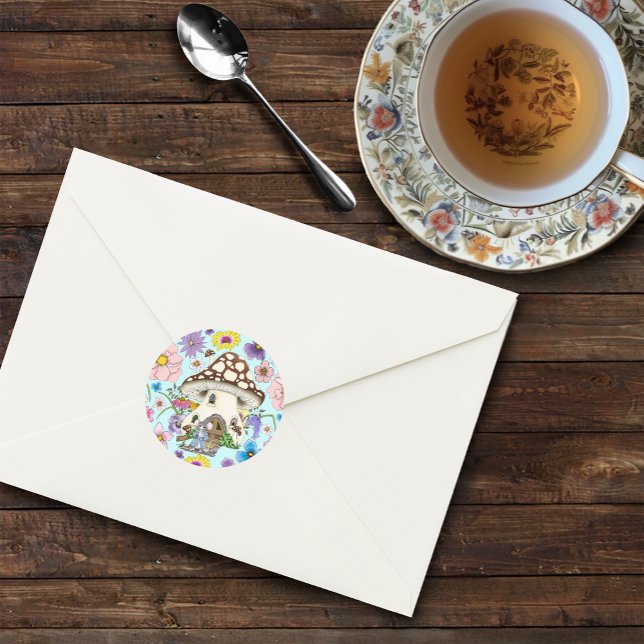 Pegatina Redonda Fantasía Ratón Mushroom House Floral (Subido por el creador)